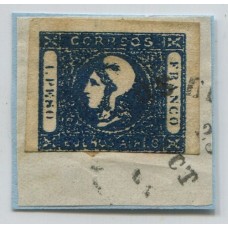 ARGENTINA 1859 GJ 17A ESTAMPILLA VARIEDAD COLOR AZUL INDIGO, MUY RARO EN FRAGMENTO U$ 140